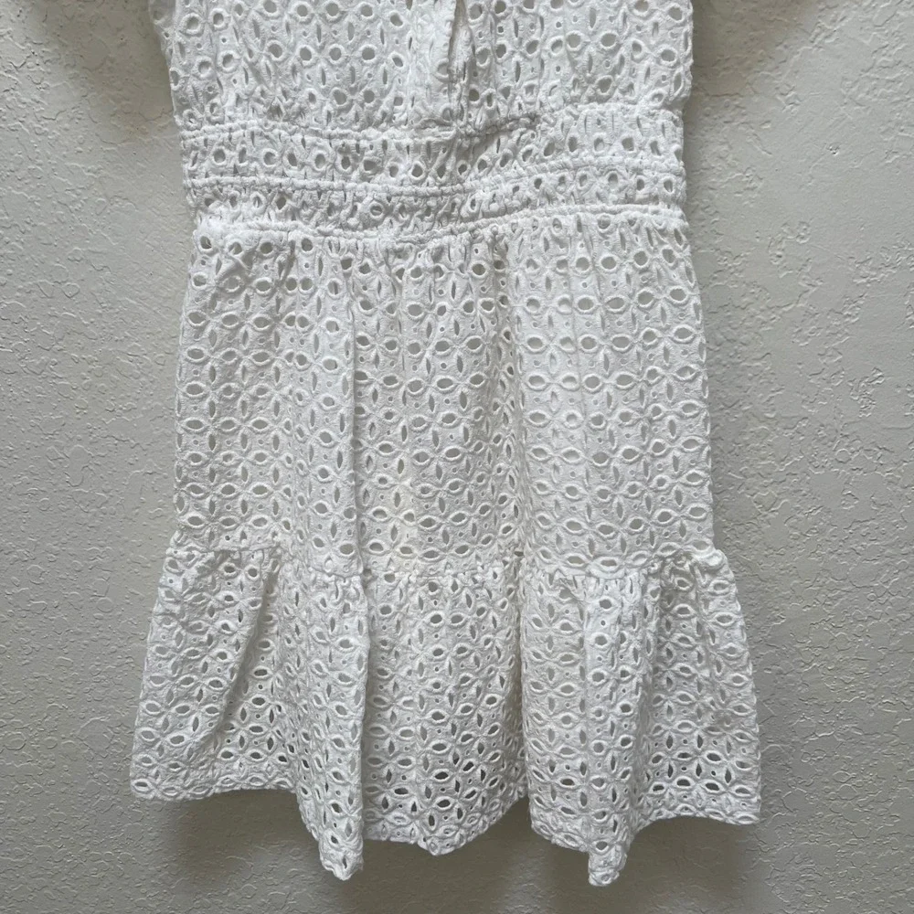 Anthropologie Somerset White Eyelet Mini Dress Smocked Waist Tiered M Cottage